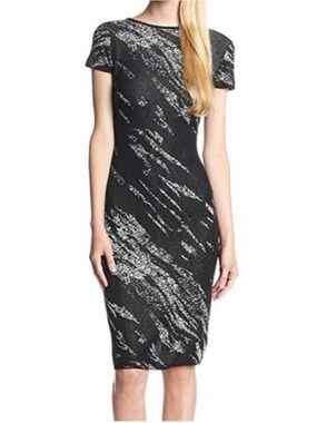 BCBGMaxAzria Black and Silver Abstract Midi Sheath Dress